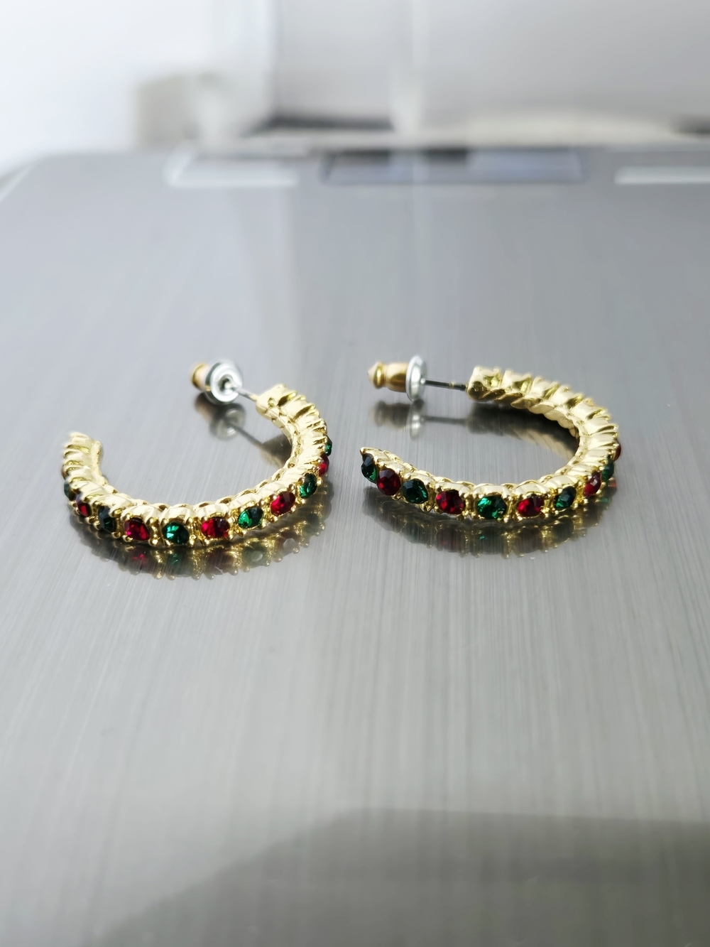 Vintage Gold Tone Hoop Earrings with Red and Green Stones